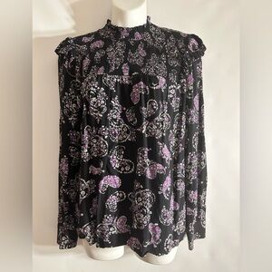 LOFT BLACK/PURPLE/WHITE PAISLEY SMOCKED RUFFLE MOCK NECK BLOUSE MED
